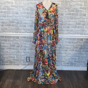 Karen J Chiffon Watercolor Floral Maxi Dress Long Sleeve L Made in USA Feminine